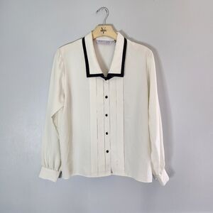 Vtg Minimalist Musician Pleated Square Collar Enamel Buttons Chiffon Shirt